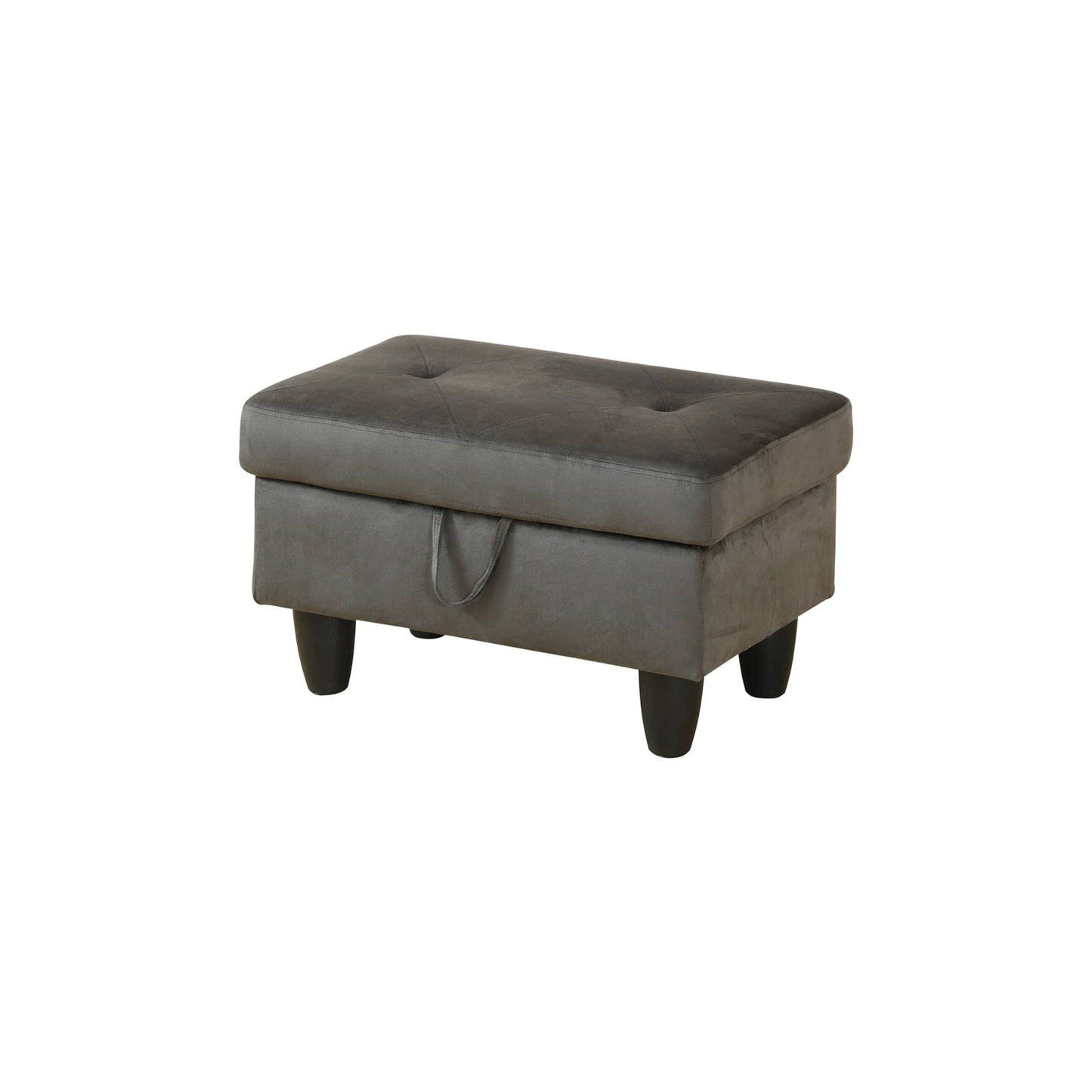 Dark gray velvet storage ottoman with tufted top and dark wooden legs