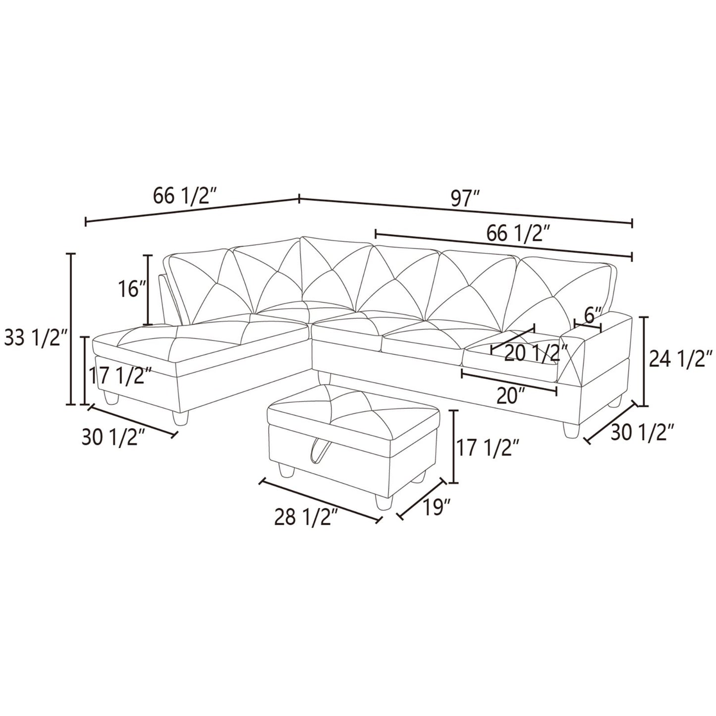 Diagram of sectional sofa with ottoman and dimensions shown