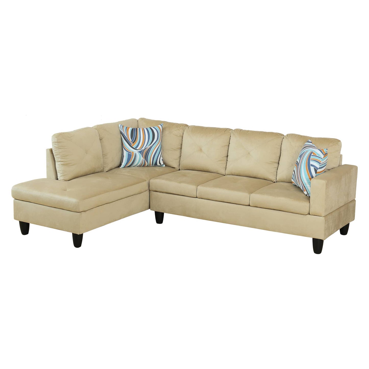 Beige sectional sofa with contemporary design and patterned accent pillows
