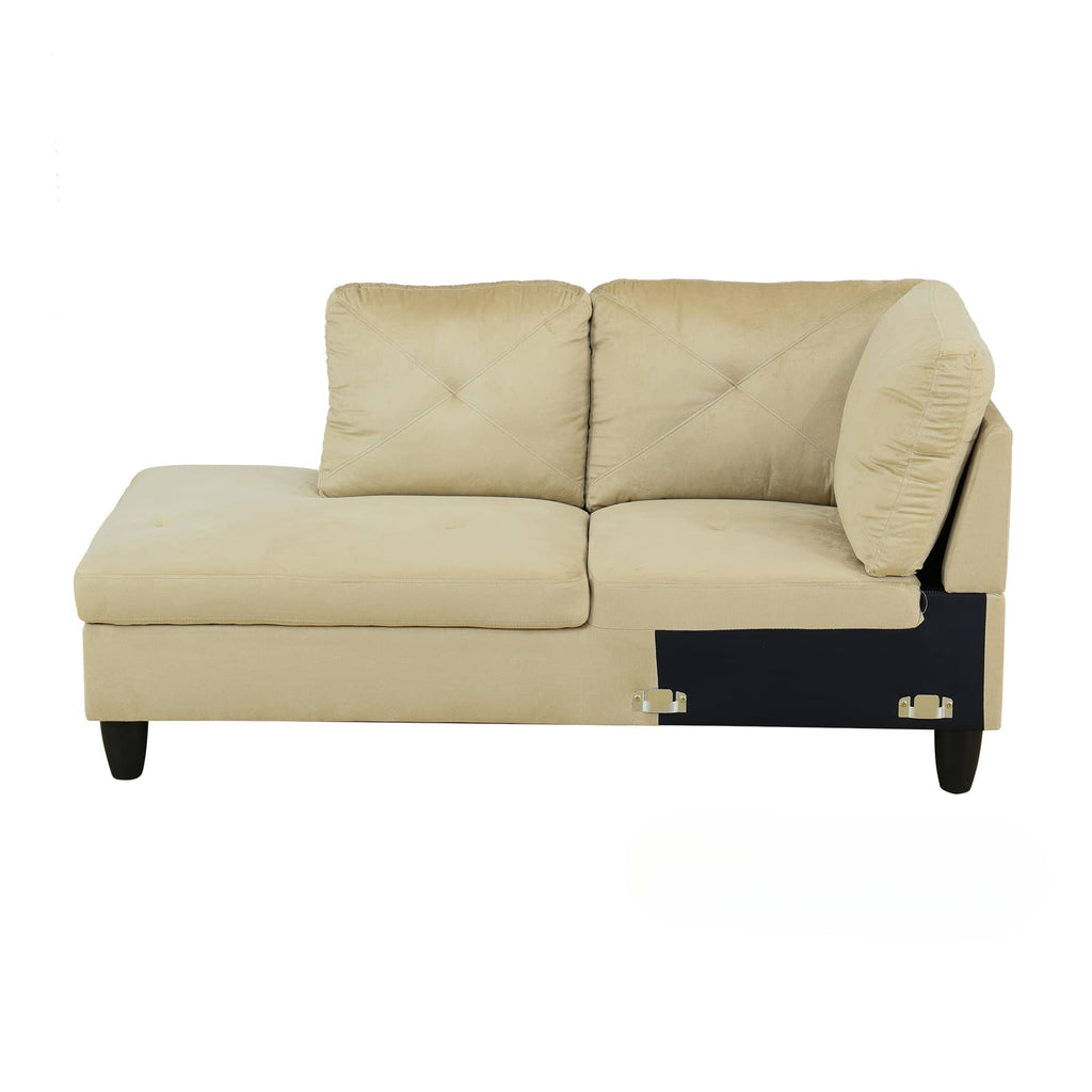 Beige velvet sectional sofa with tufted back cushions