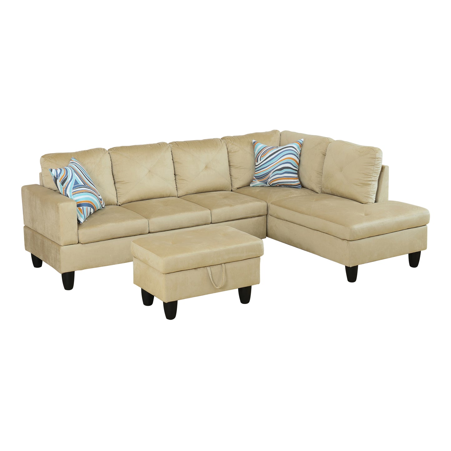 Beige suede Lshaped sectional sofa with storage ottoman and striped pillows
