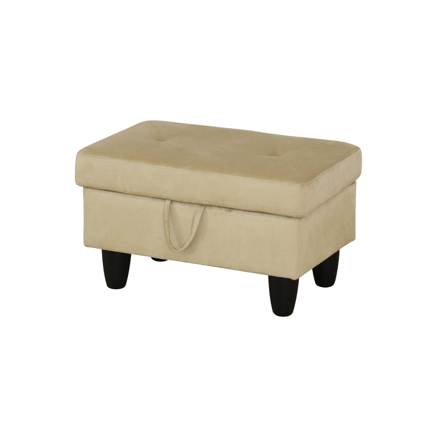 Beige velvet storage ottoman with button tufting and black wooden legs