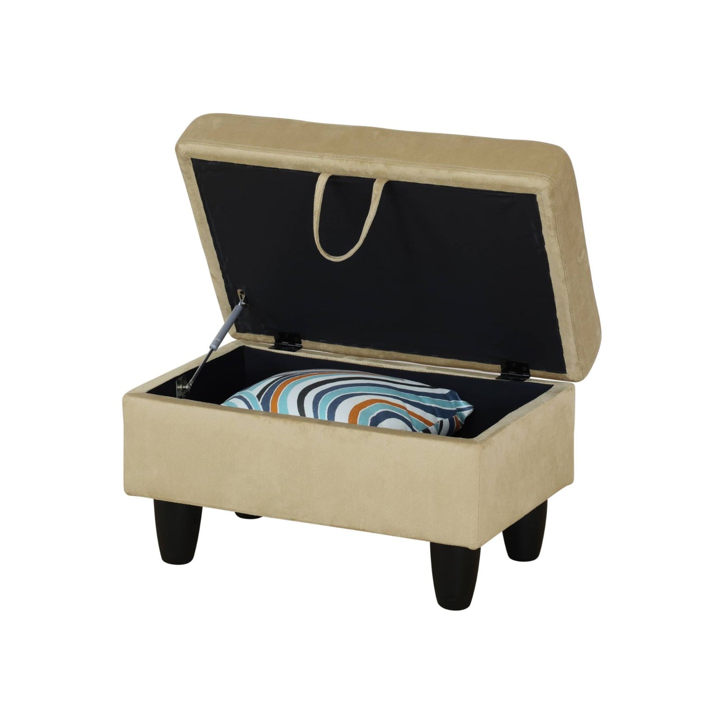 Beige velvet storage ottoman with open lid and striped pillow inside