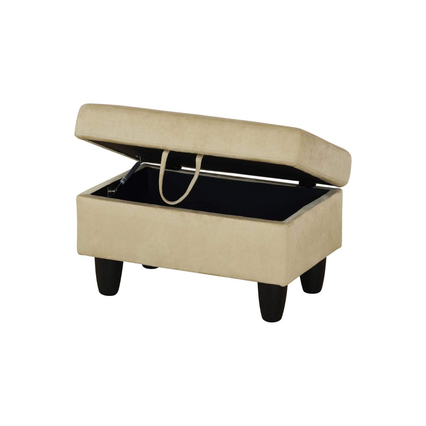 Beige fabric storage ottoman with hinged lid open