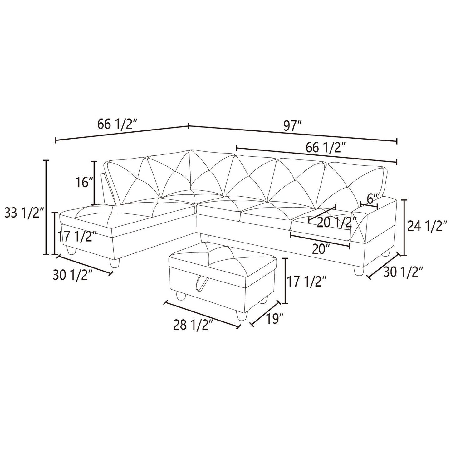 Diagram of Lshaped sectional sofa with ottoman and dimensions