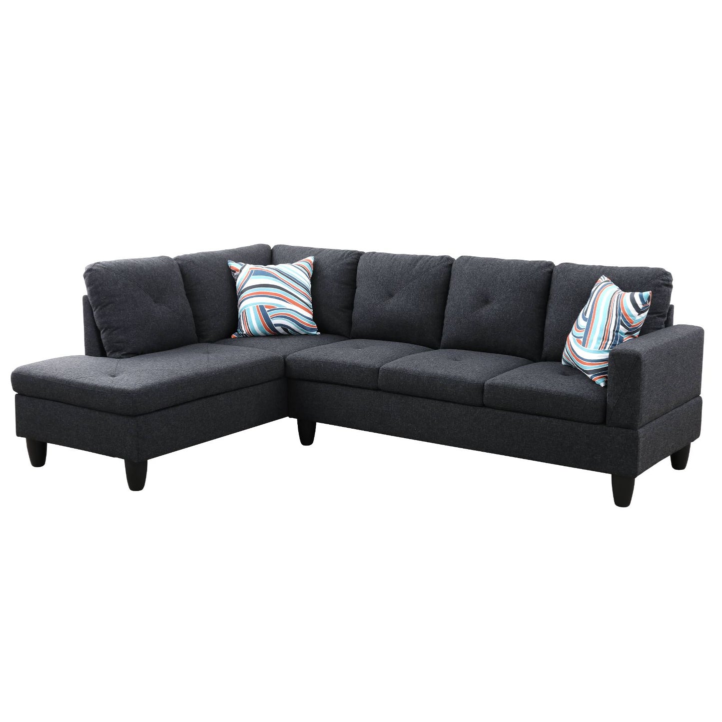 Dark grey fabric sectional sofa with chaise and striped pillows