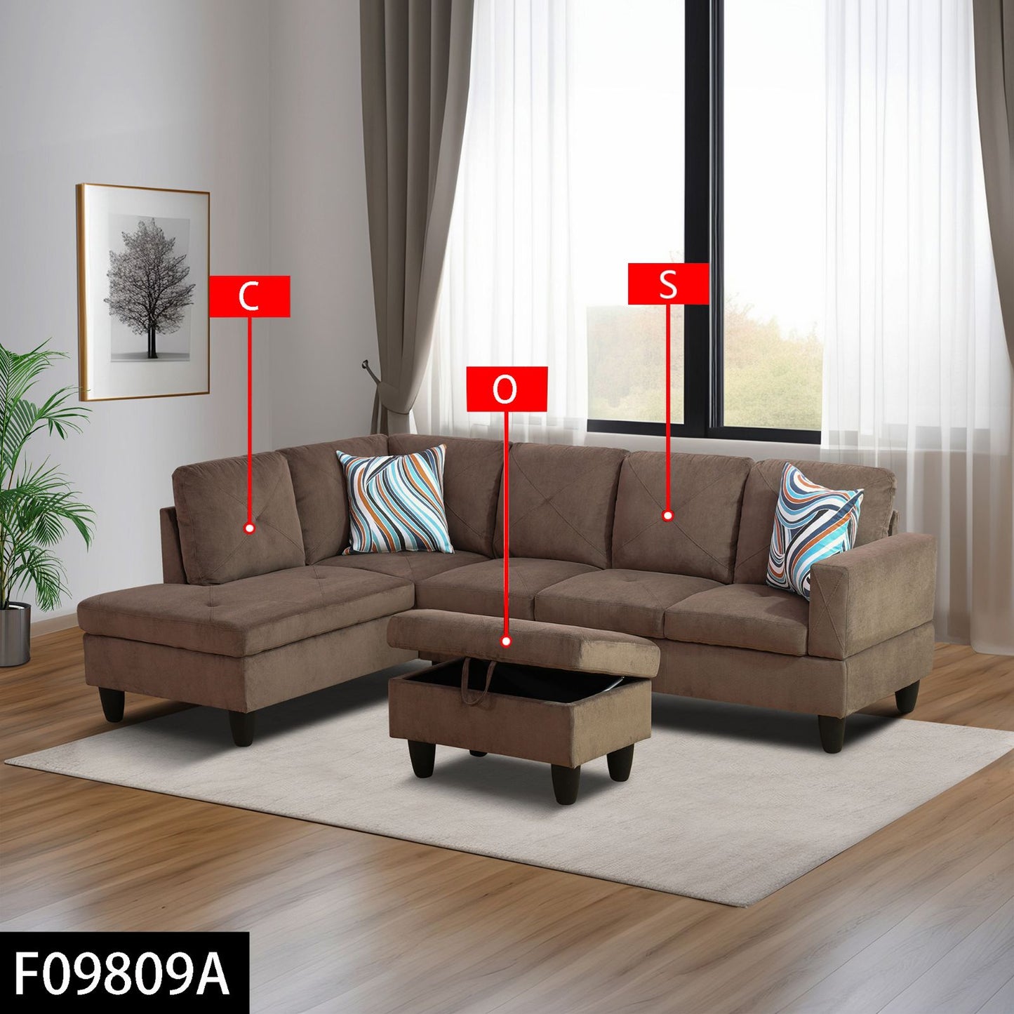 Brown fabric sectional sofa with chaise and storage ottoman