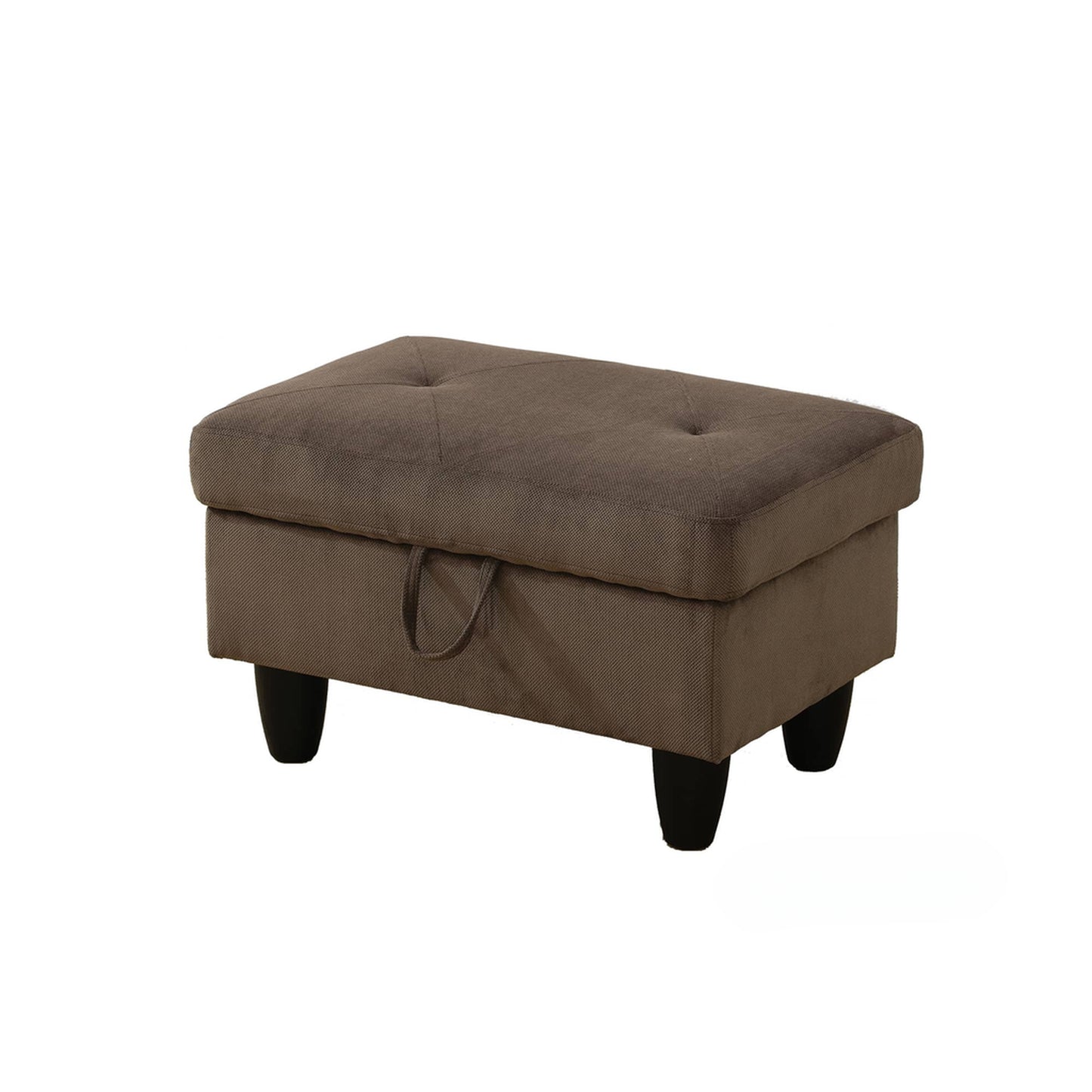 Brown fabric storage ottoman with button tufted lid and black tapered legs