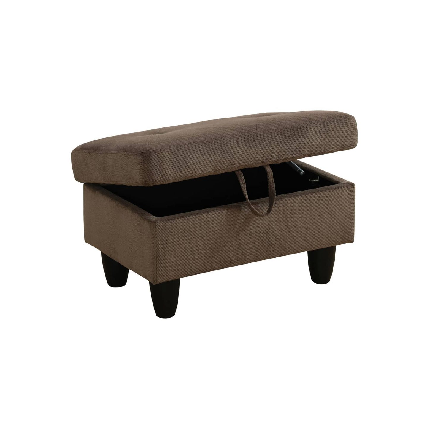 Brown tufted storage ottoman with black tapered legs open