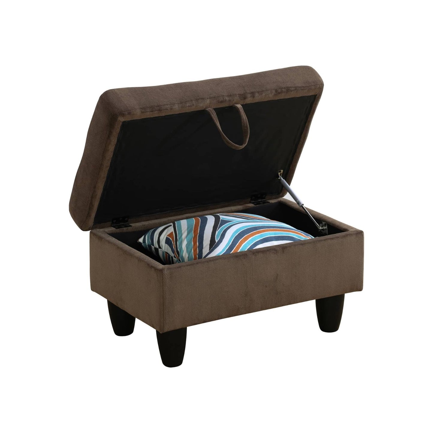 Brown fabric storage ottoman with striped pillow inside and open lid