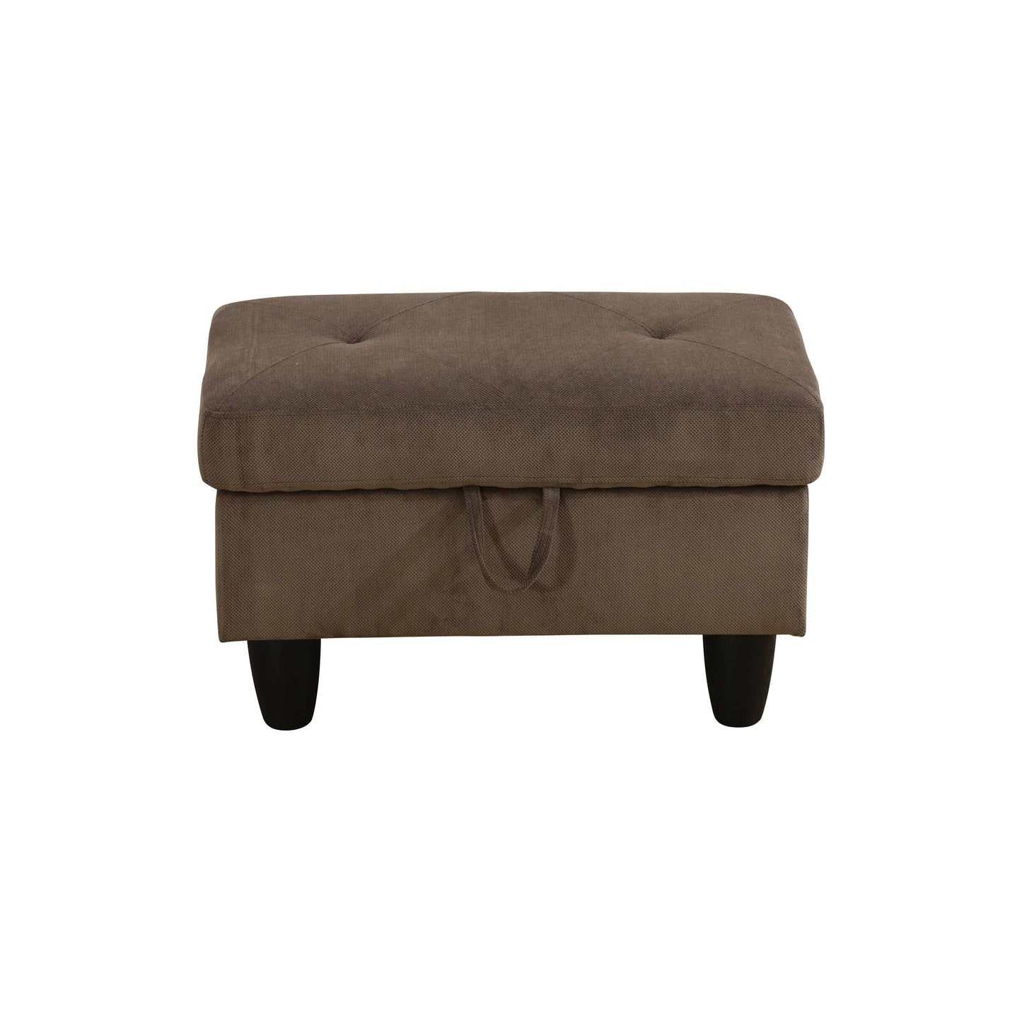 Brown fabric storage ottoman with tufted lid and black tapered legs