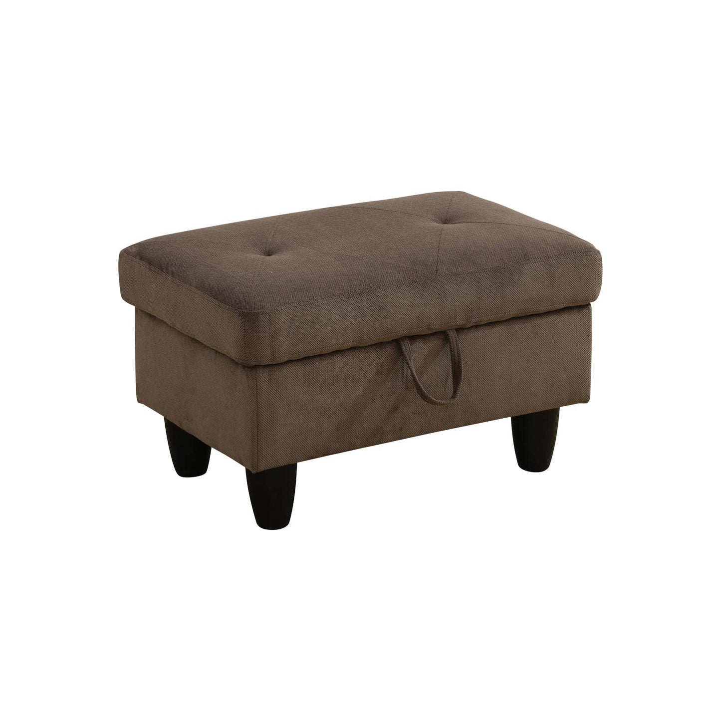 Brown fabric storage ottoman with tufted top and dark wooden legs