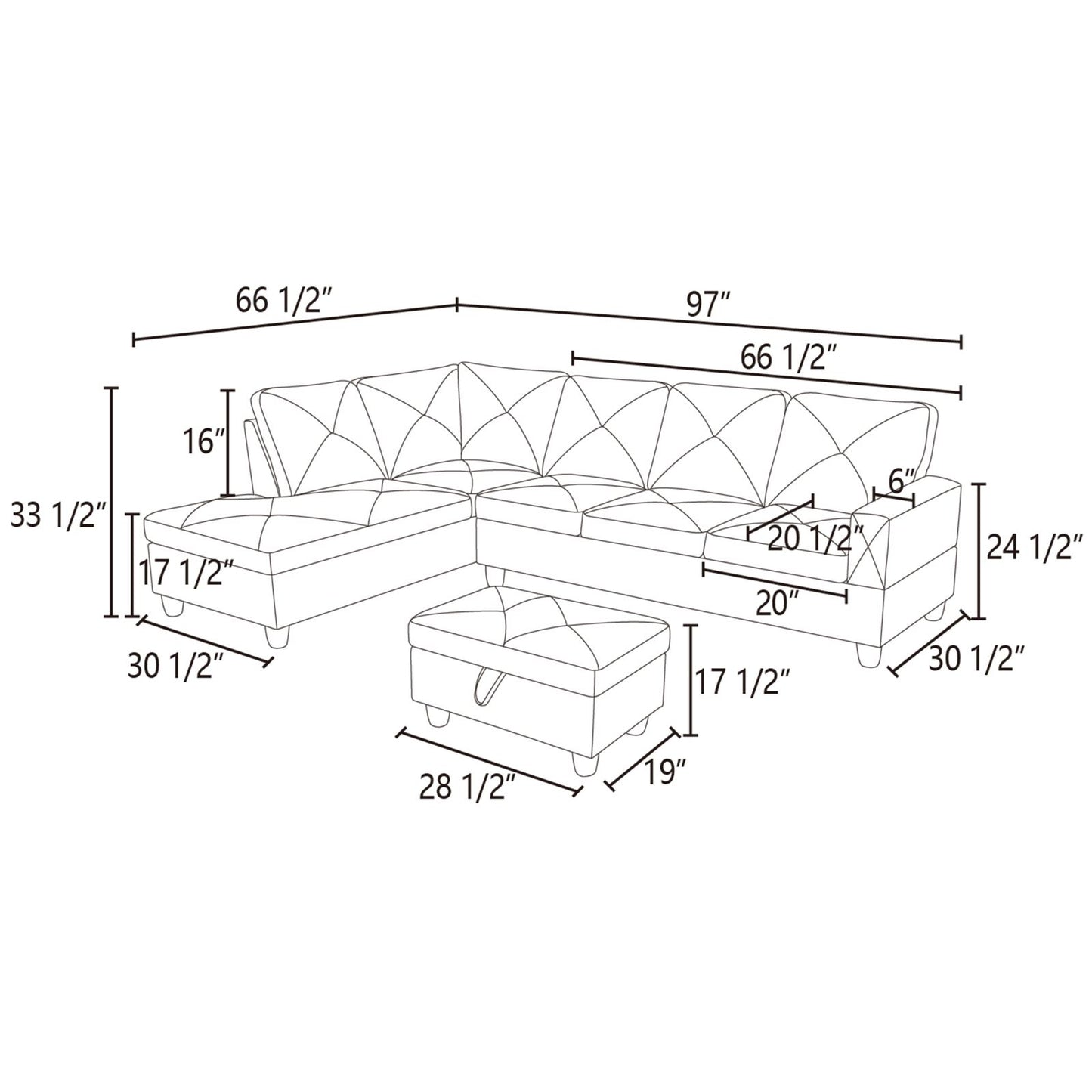Line drawing of sectional sofa with dimensions