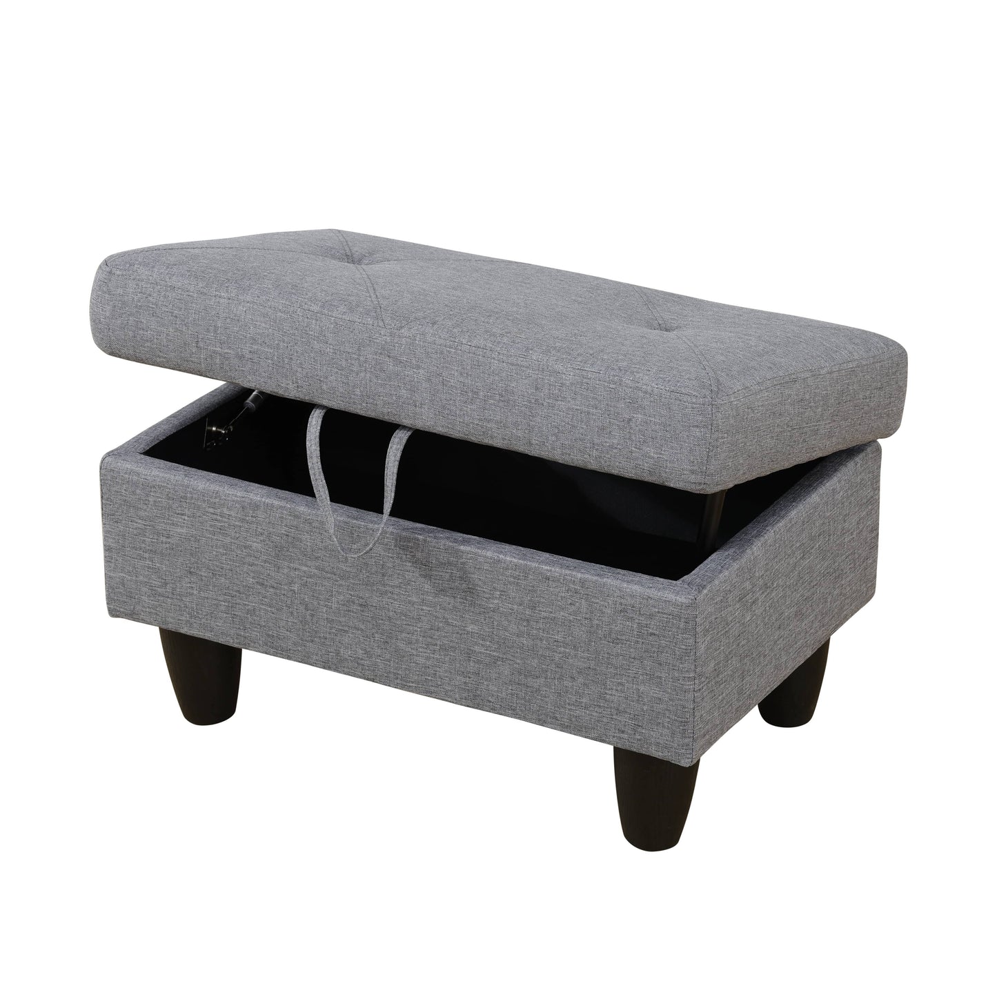Tufted grey fabric storage ottoman with black legs