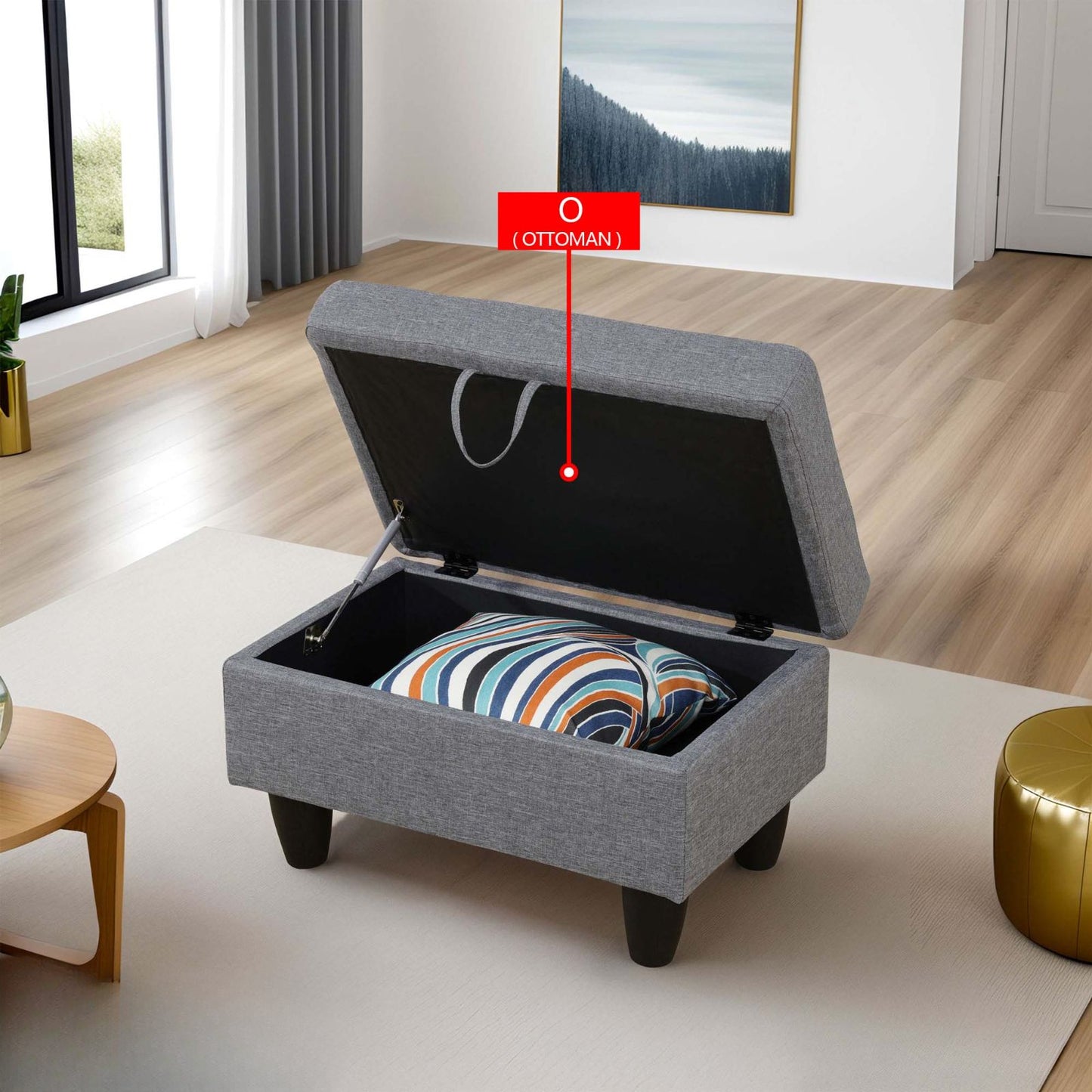 Gray fabric storage ottoman with lifting lid and colorful striped pillow inside