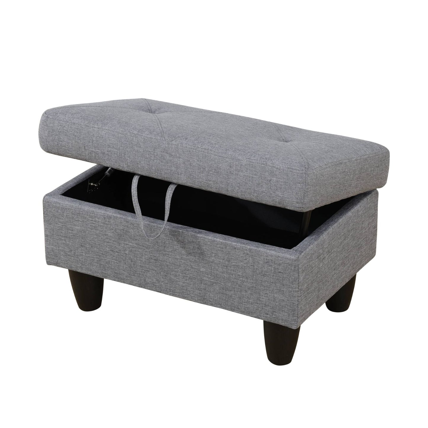 Grey linen storage ottoman with tufted lid and wooden legs