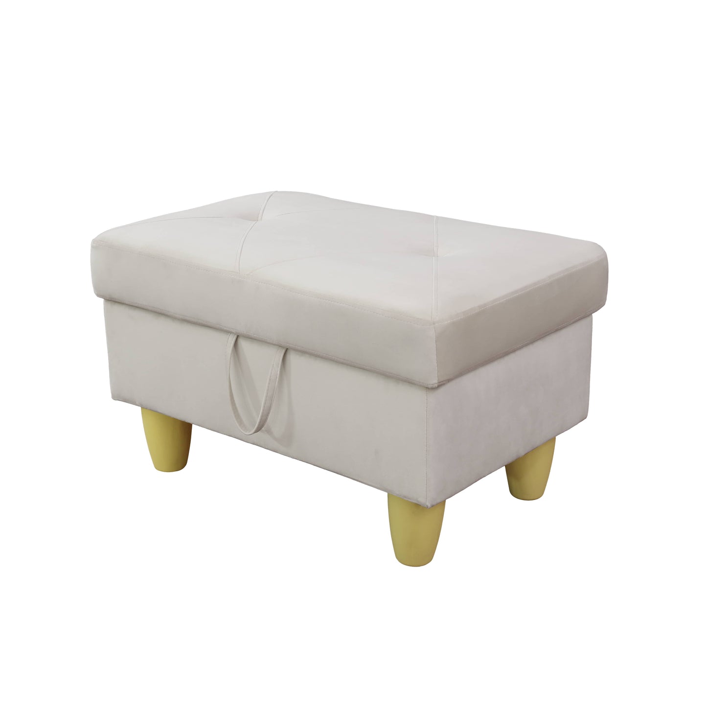 Cream tufted storage ottoman with yellow tapered legs
