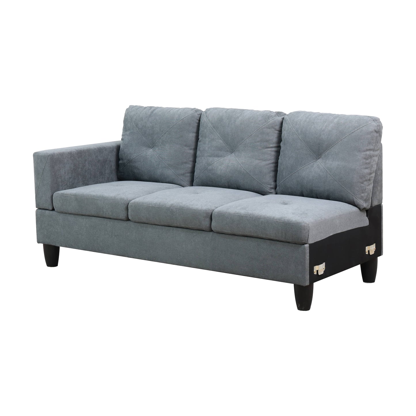 Gray fabric sectional sofa with tufted back cushions and dark wooden legs
