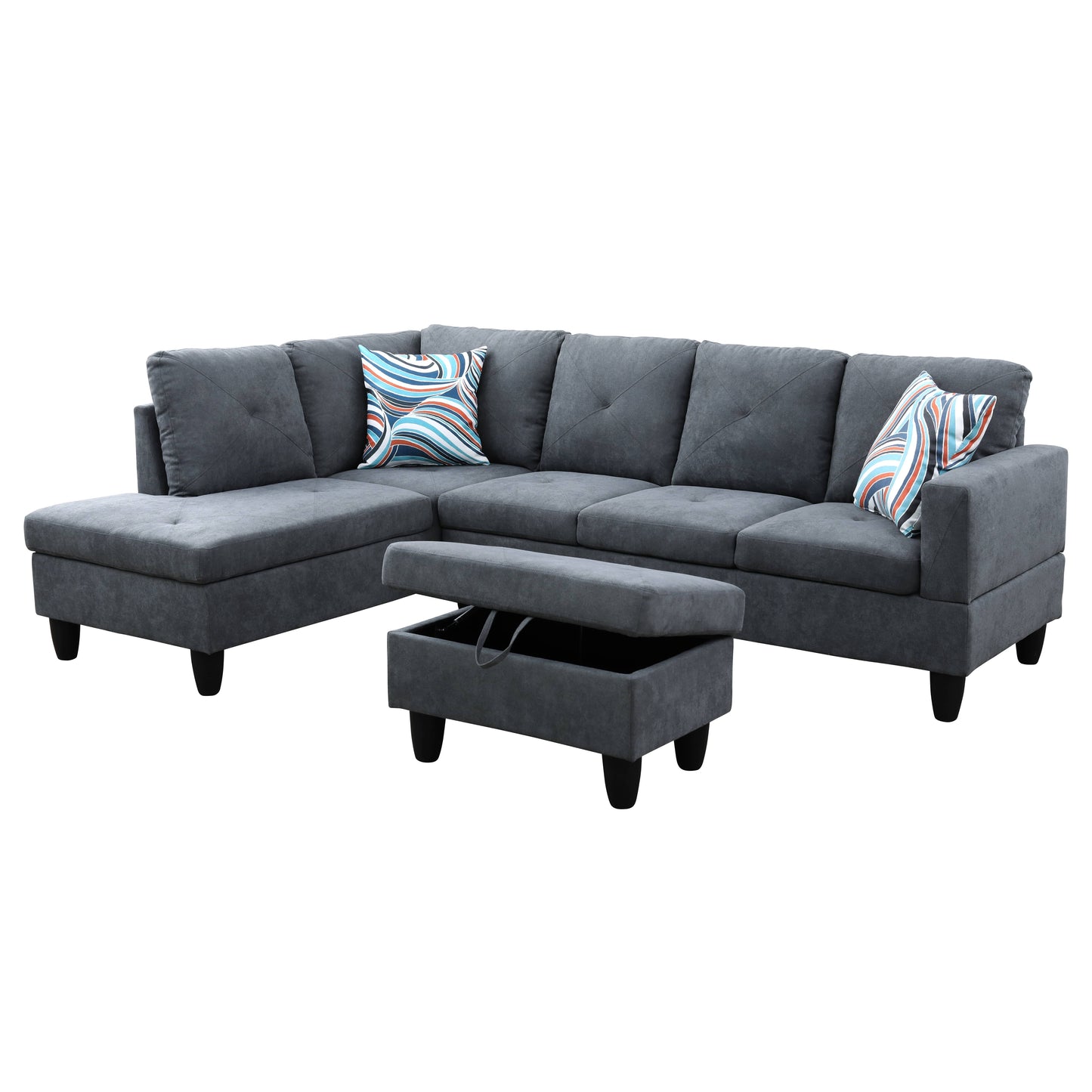 Dark gray fabric sectional sofa with chaise and storage ottoman