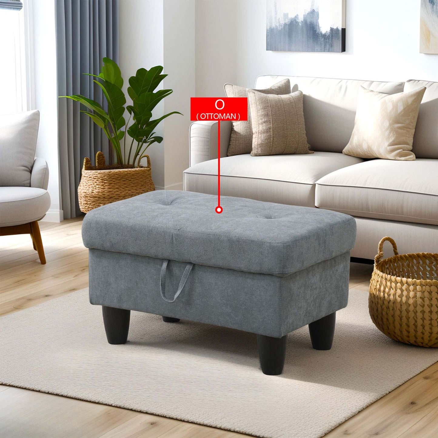 Gray storage ottoman with button tufting and pulltab lid