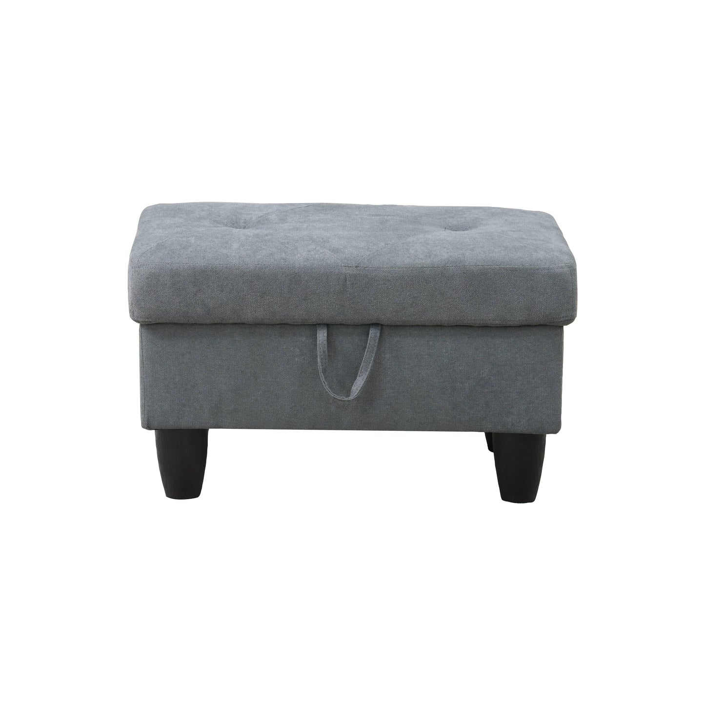 Tufted grey fabric storage ottoman with dark wooden legs and a front handle for easy access