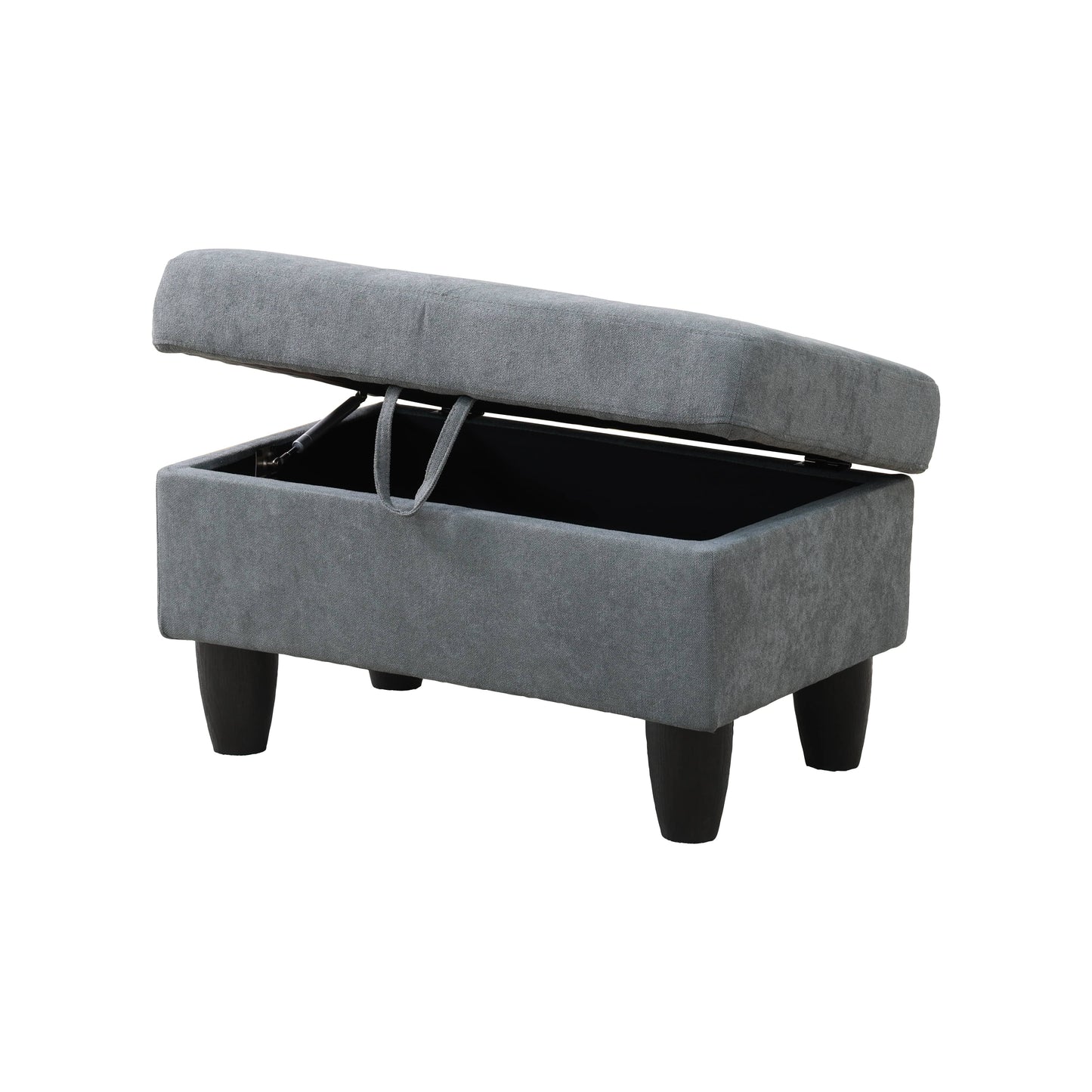 Grey fabric storage ottoman with the lid open