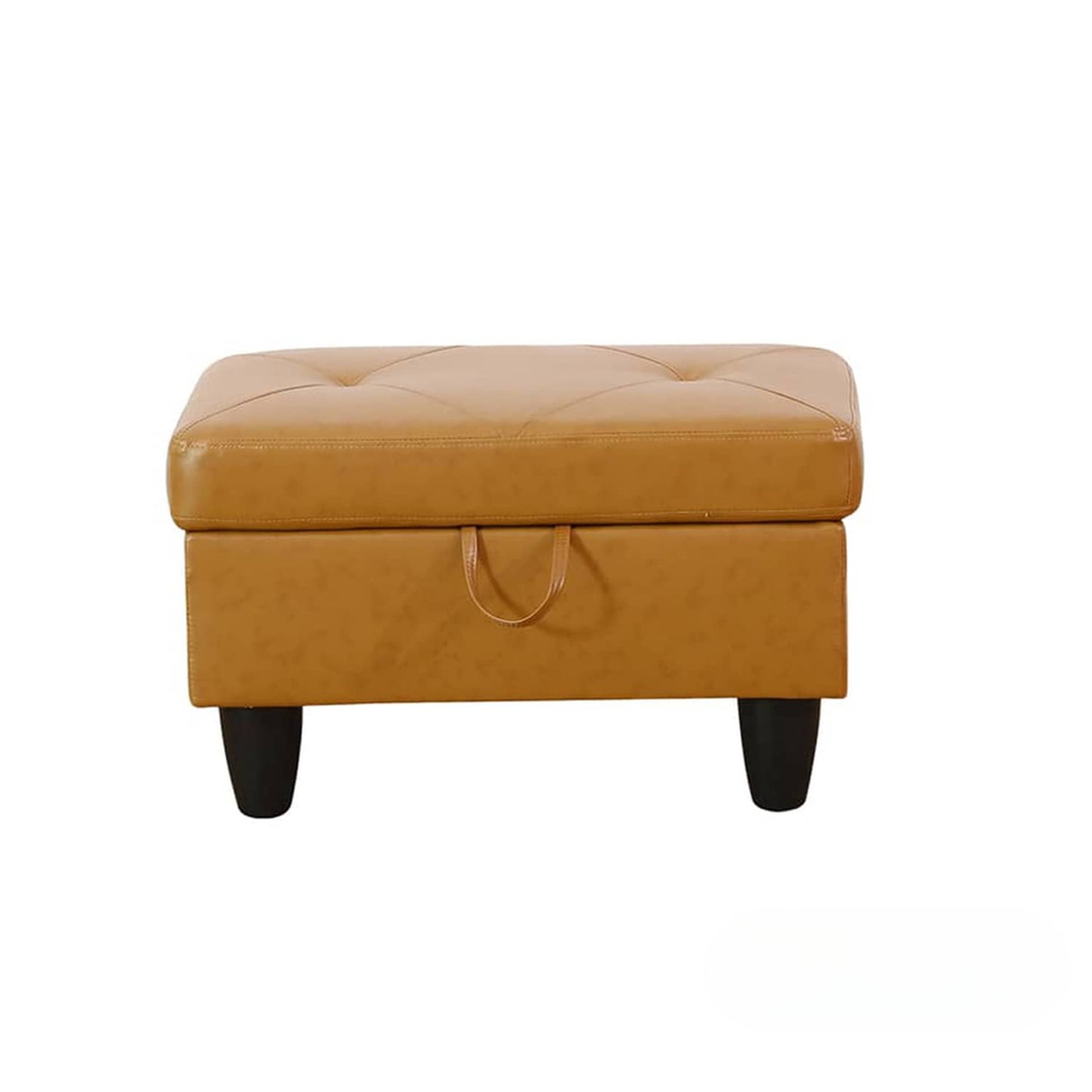 Tan faux leather storage ottoman with button tufting and Ushaped handle