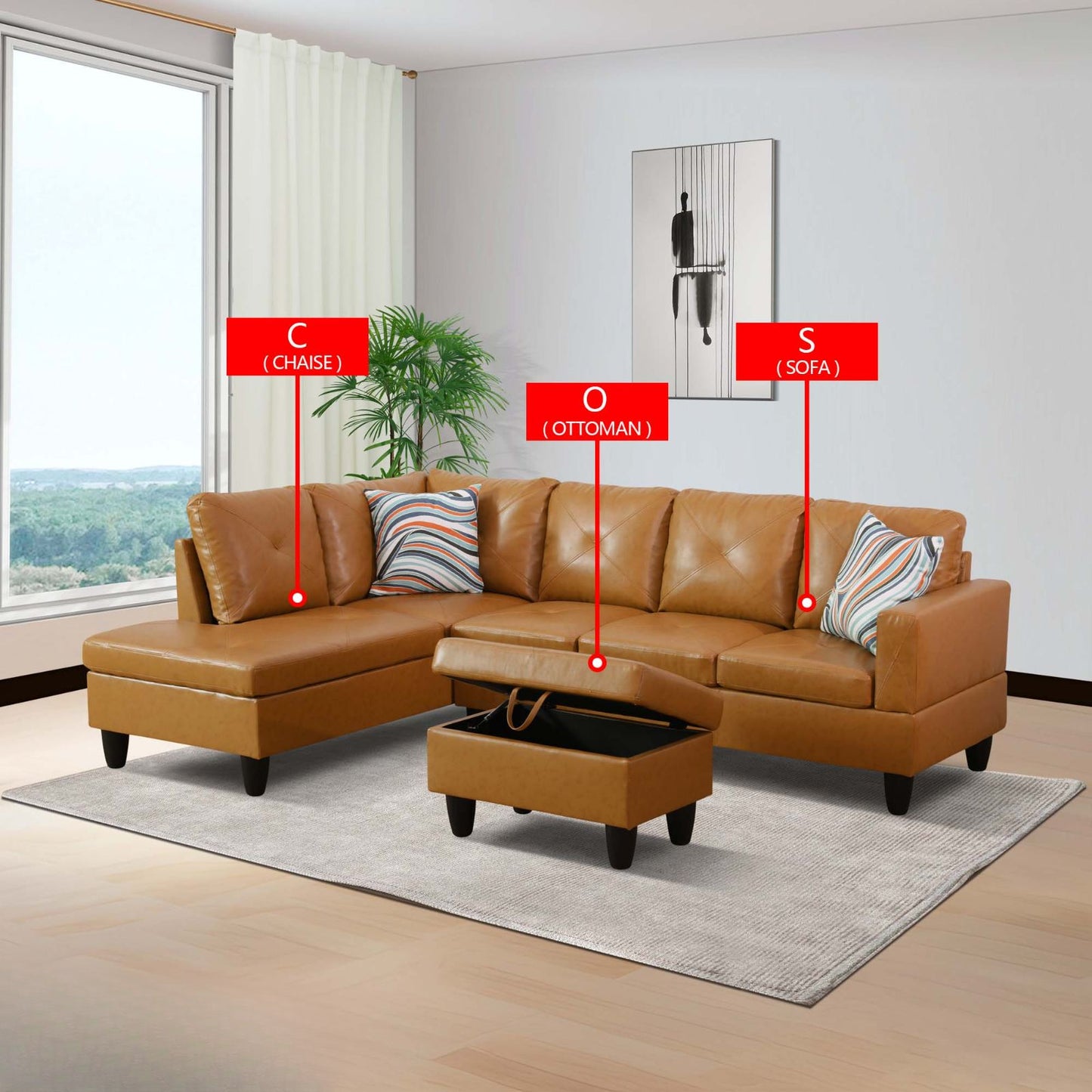 Tufted caramel leather sectional sofa with chaise and storage ottoman