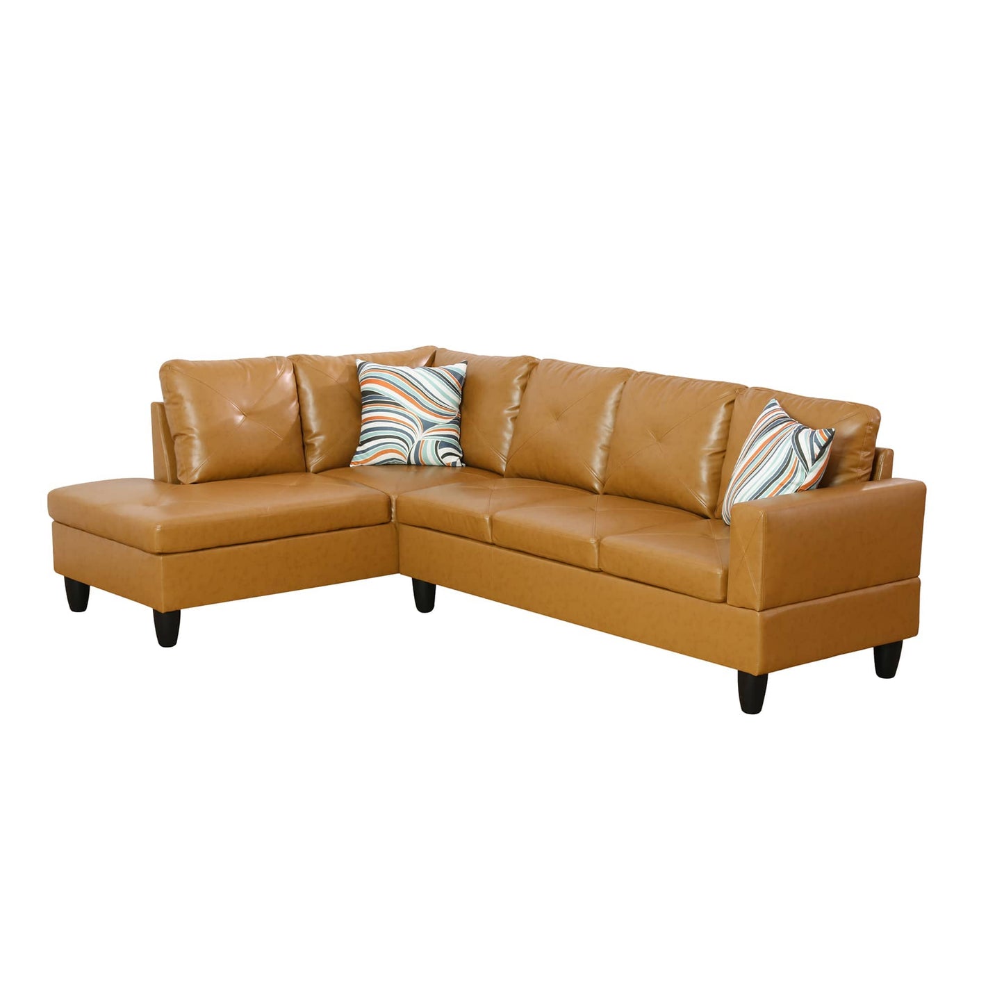 Camel Faux Leather Sectional Sofa with tufted cushions and striped accent pillows