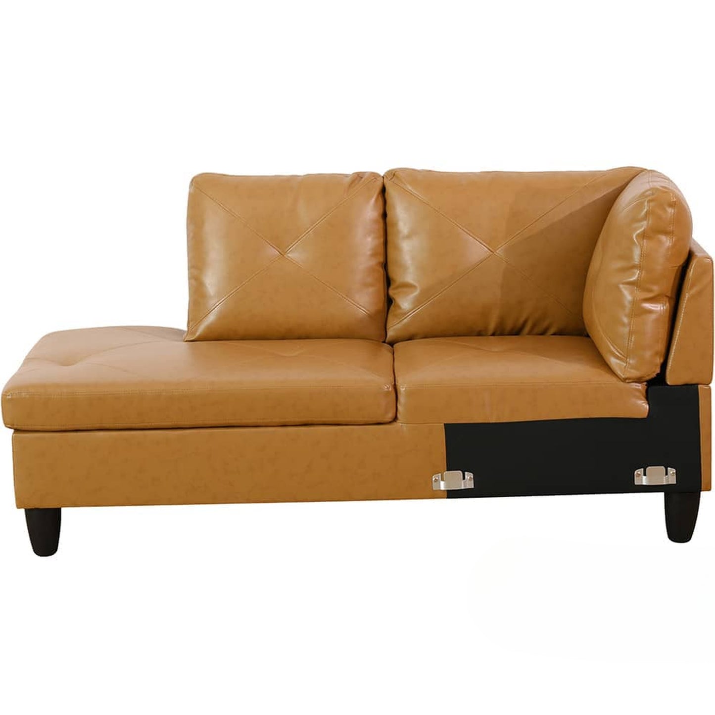 Tan vegan leather sectional sofa with diamond tufted back cushions and chaise