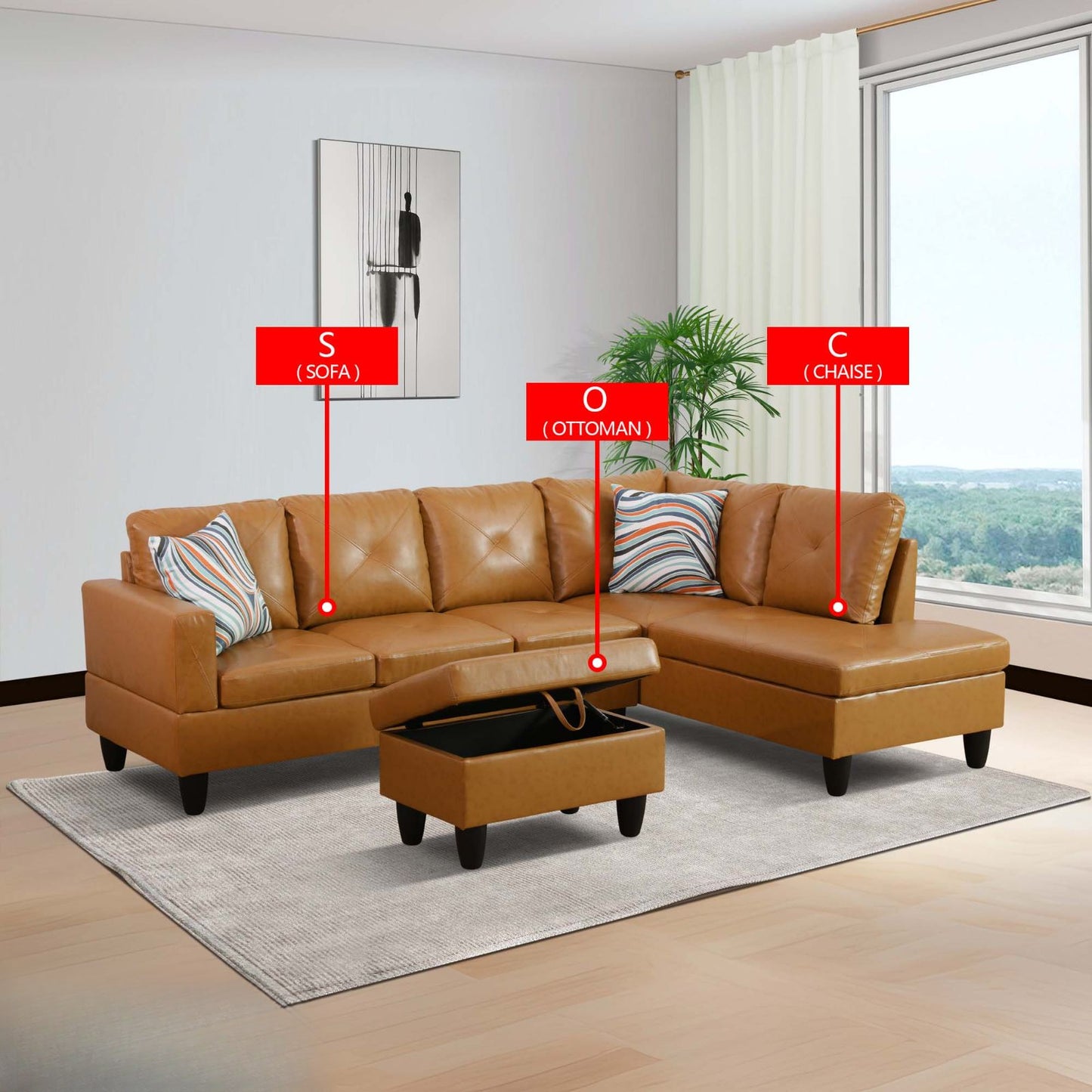 Tan leather sectional sofa with tufted cushions and matching ottoman