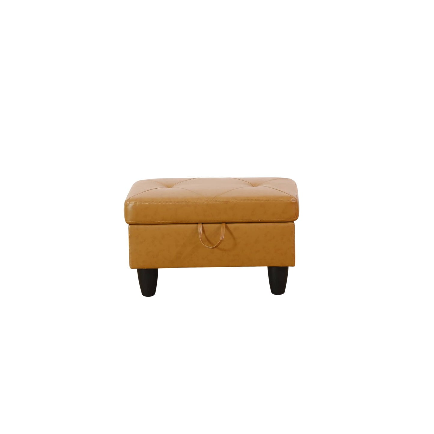 Tufted tan leather storage ottoman with black legs