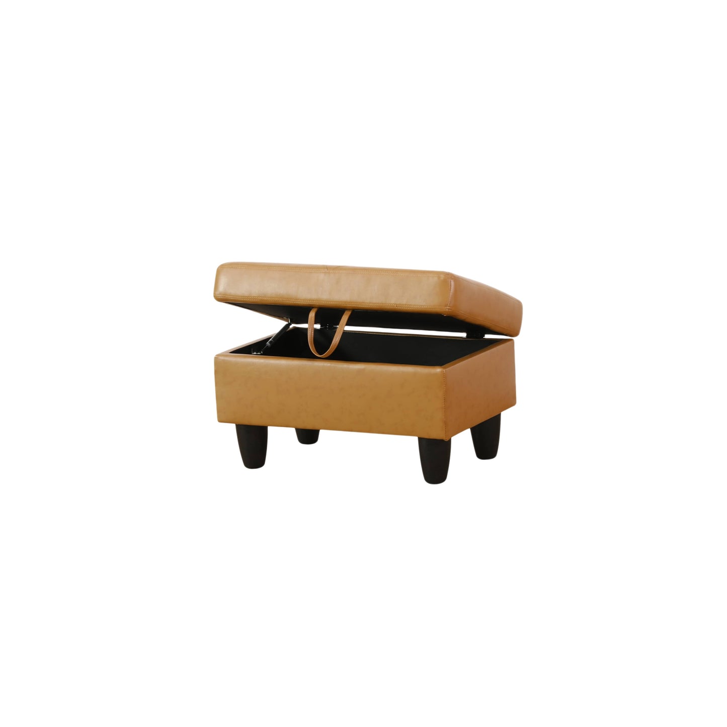 Tan faux leather storage ottoman with hinged lid open