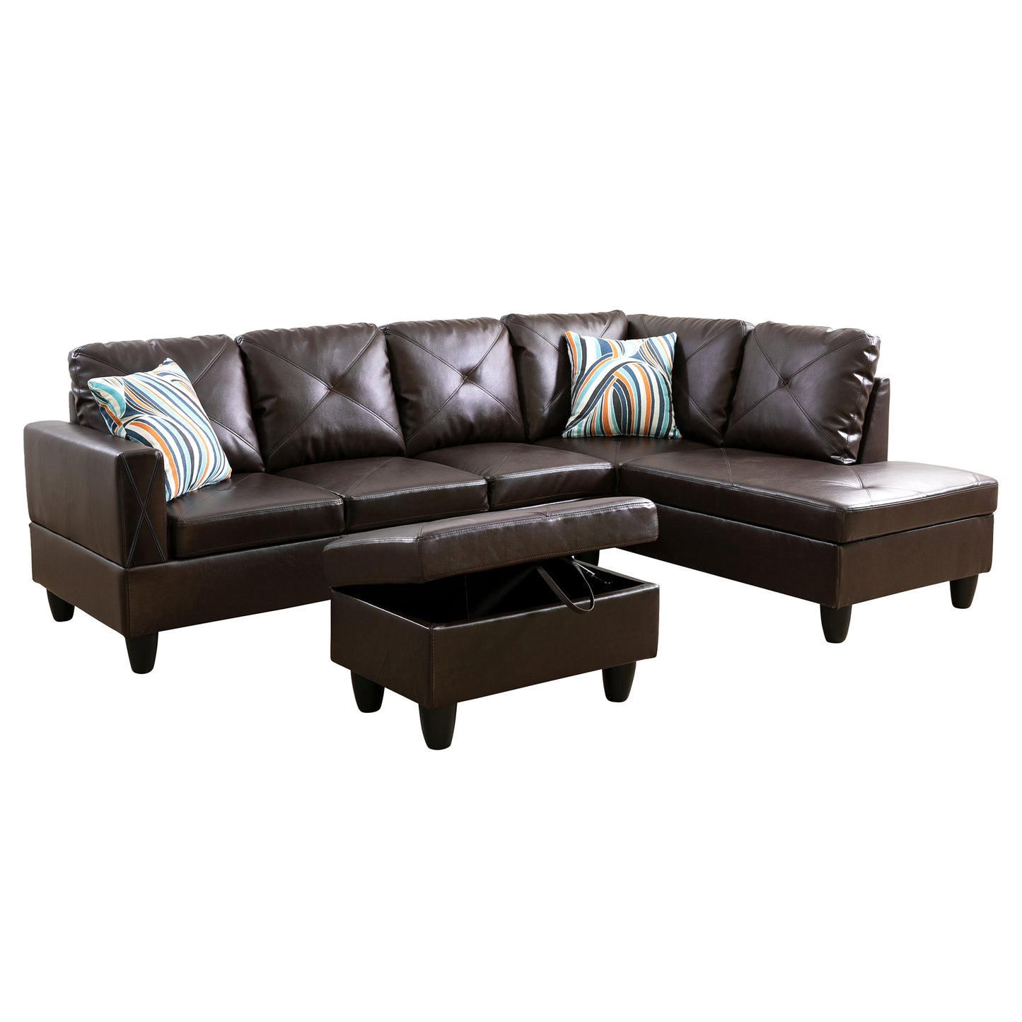 Dark brown faux leather sectional sofa with tufted cushions and storage ottoman