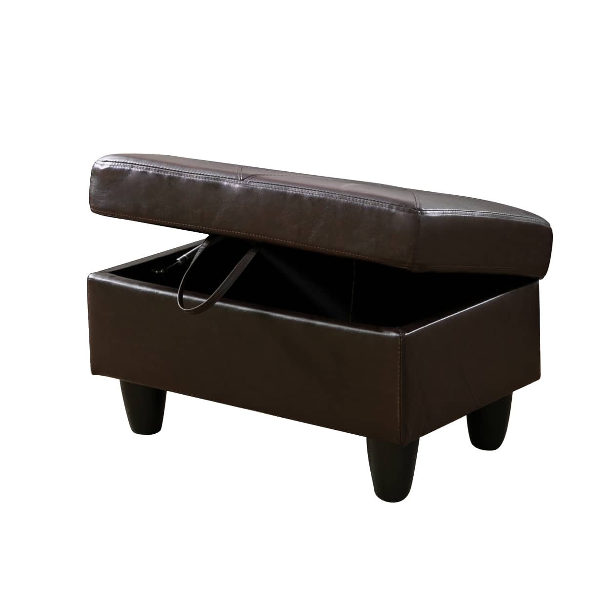 Dark brown faux leather storage ottoman with hinged lid open