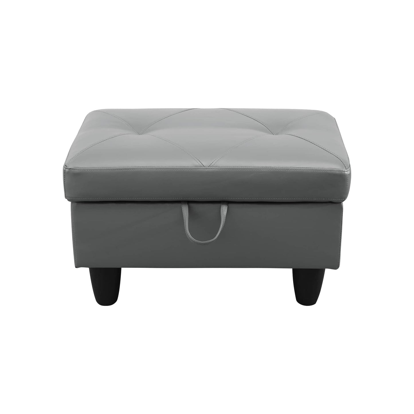 Gray tufted faux leather storage ottoman with black wooden legs