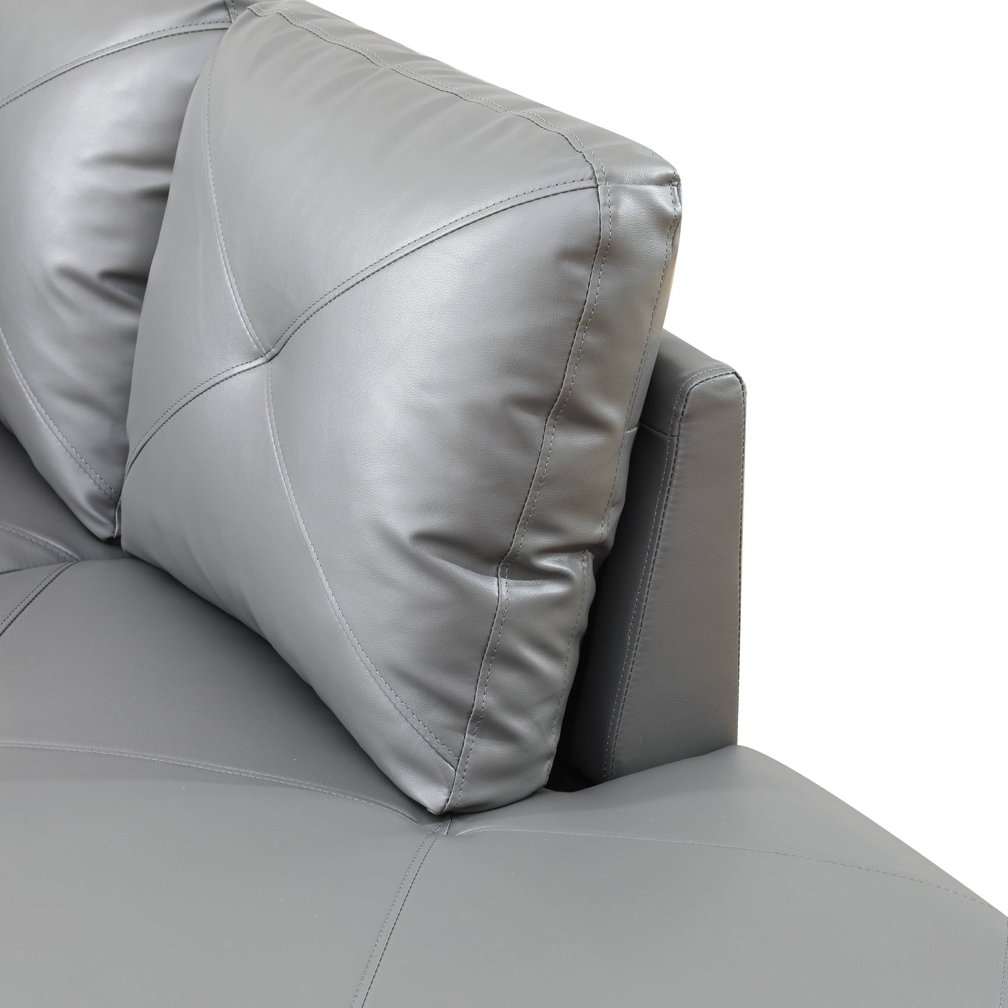 Gray faux leather sofa cushion with stitched panel detail