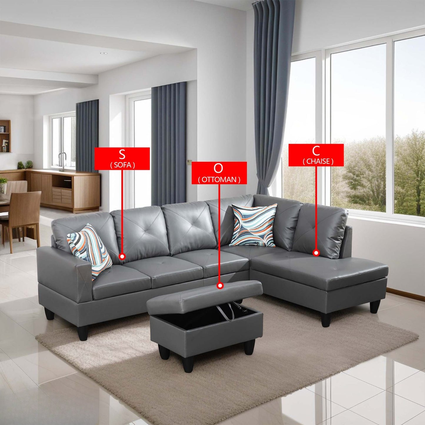 Gray faux leather sectional sofa with tufted cushions
