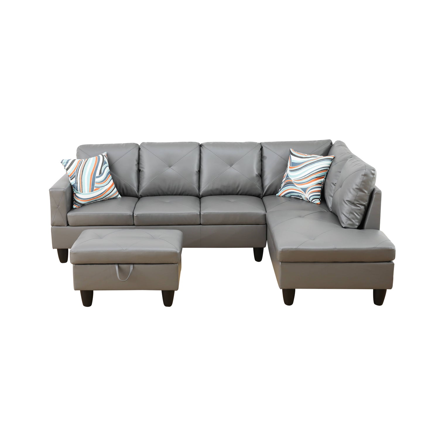 Gray sectional sofa with diamondstitched faux leather and decorative pillows