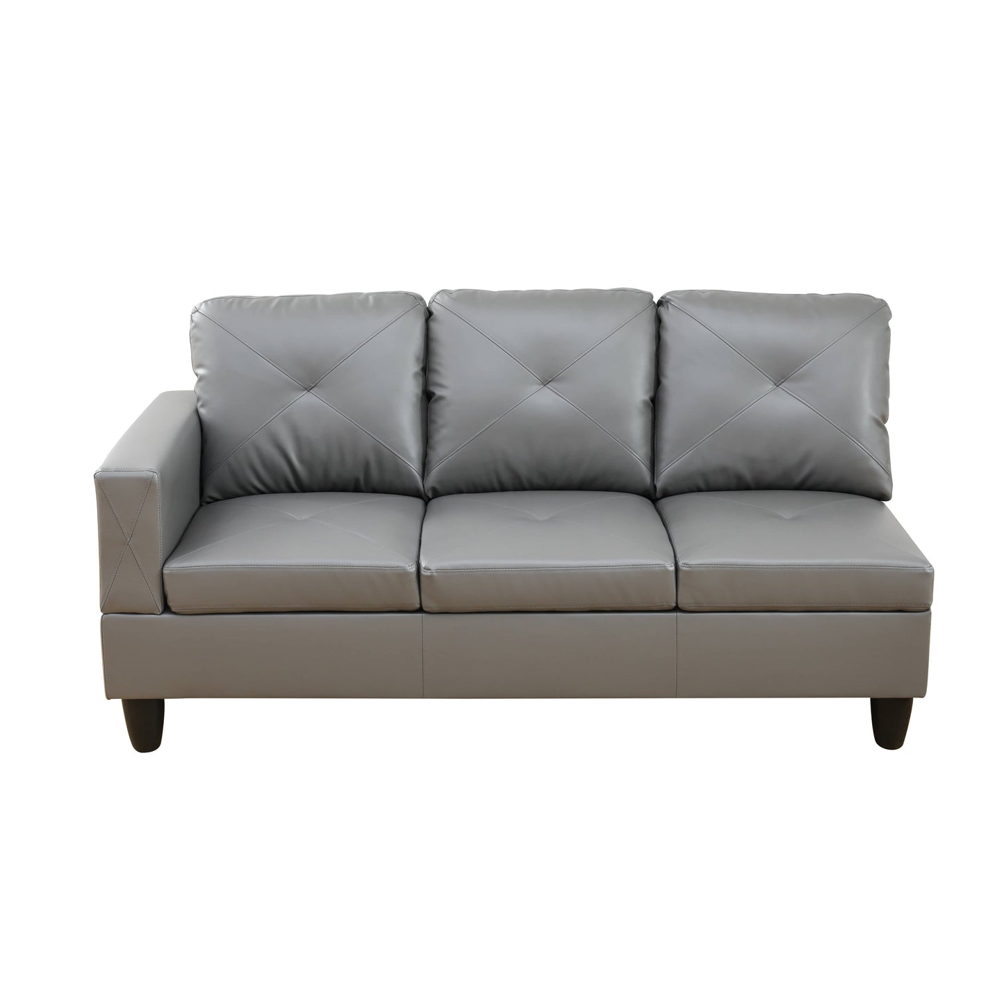 Gray faux leather sectional sofa with diamond tufted cushions and modern arms