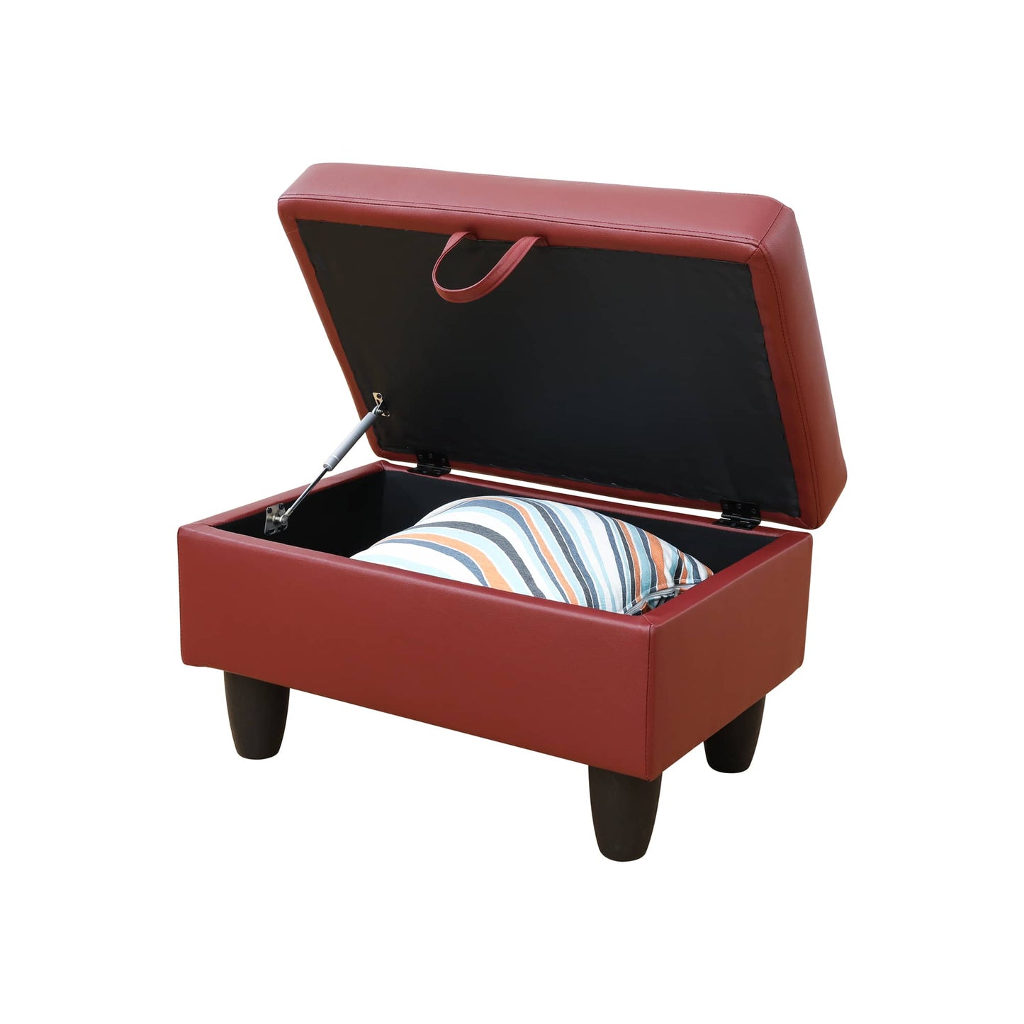 Red faux leather storage ottoman with a striped pillow inside and a lifttop lid