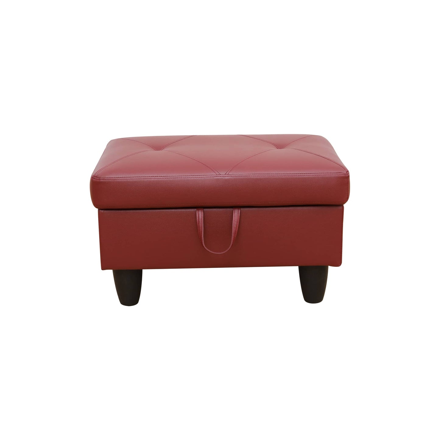 Red tufted storage ottoman with black legs