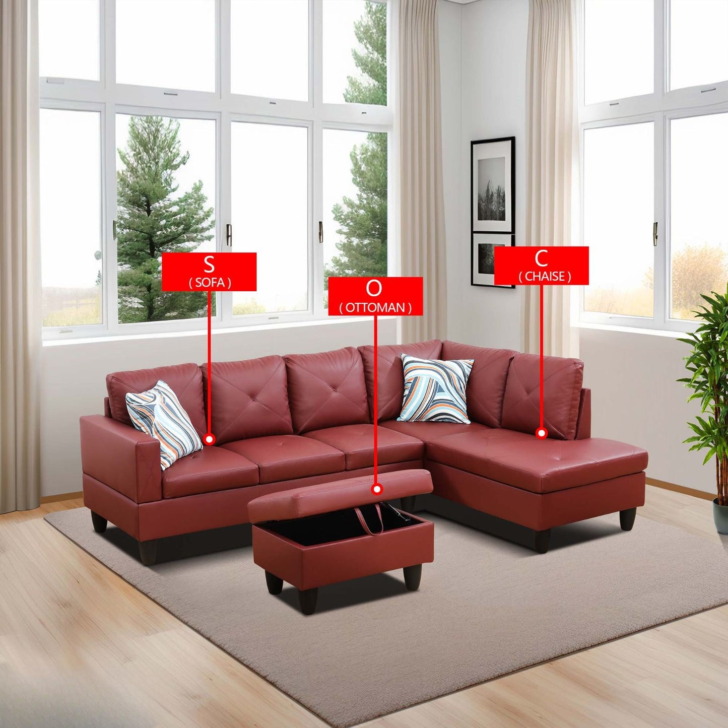 Red leather sectional sofa with tufted back cushions and matching storage ottoman
