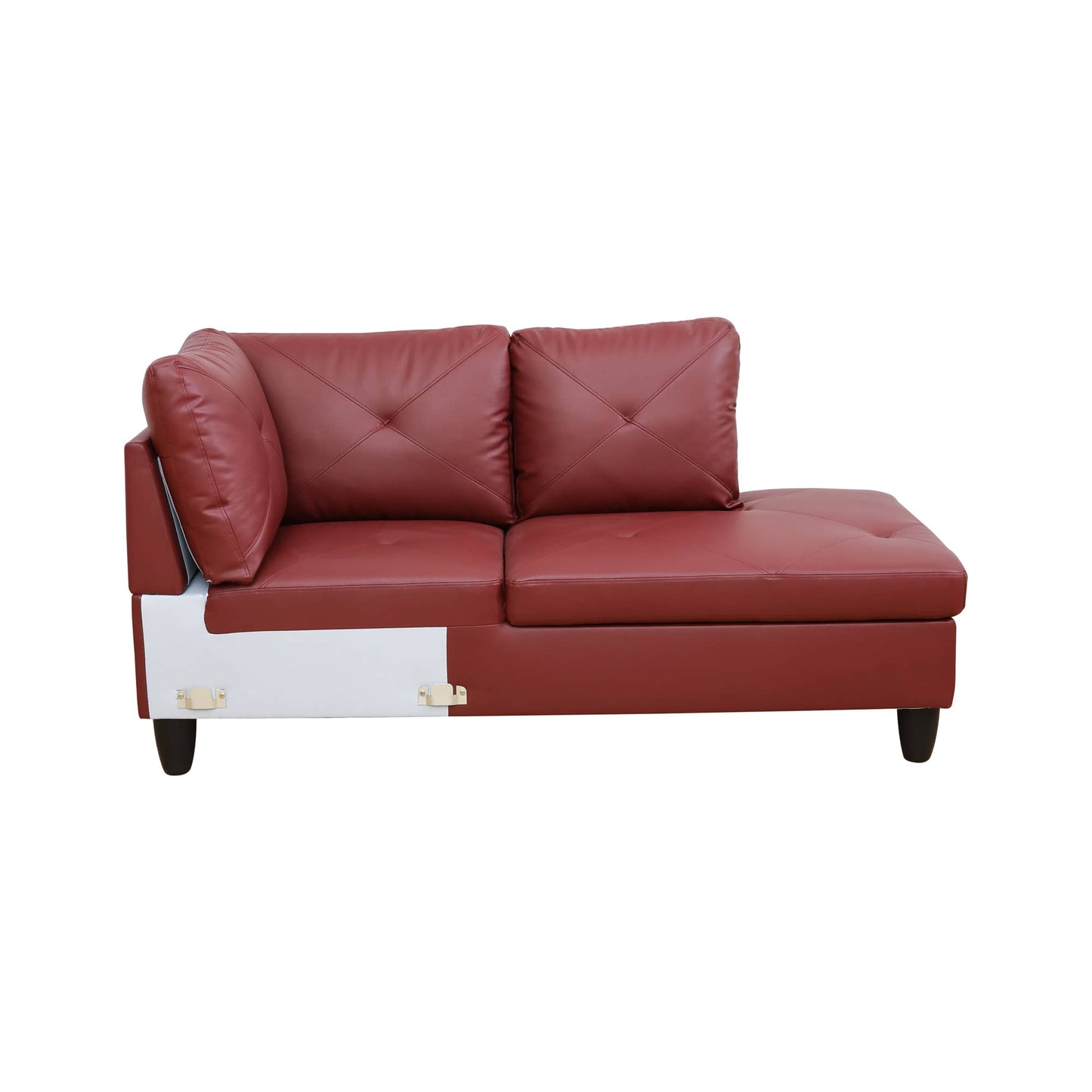 Red faux leather chaise lounge with tufted cushions and silver accents