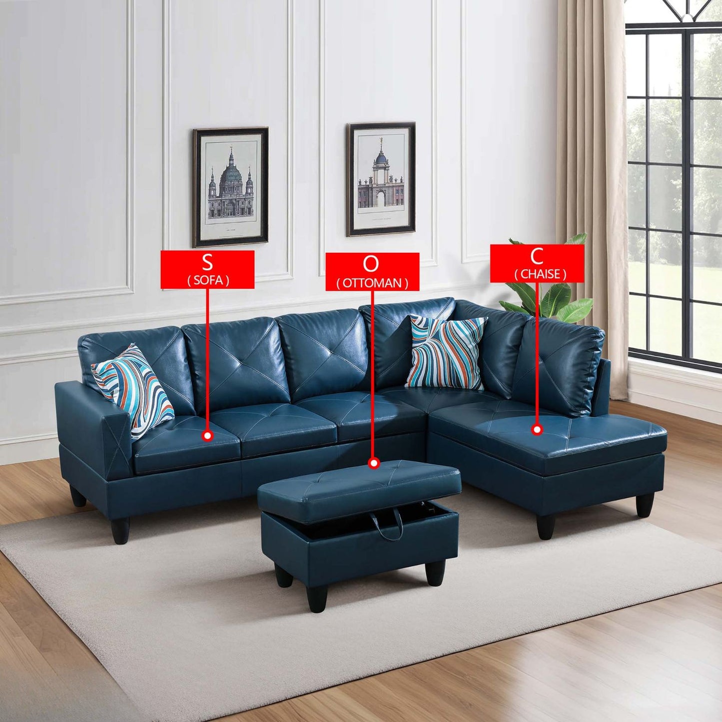 Deep blue faux leather sectional sofa with diamond tufting and chrome legs