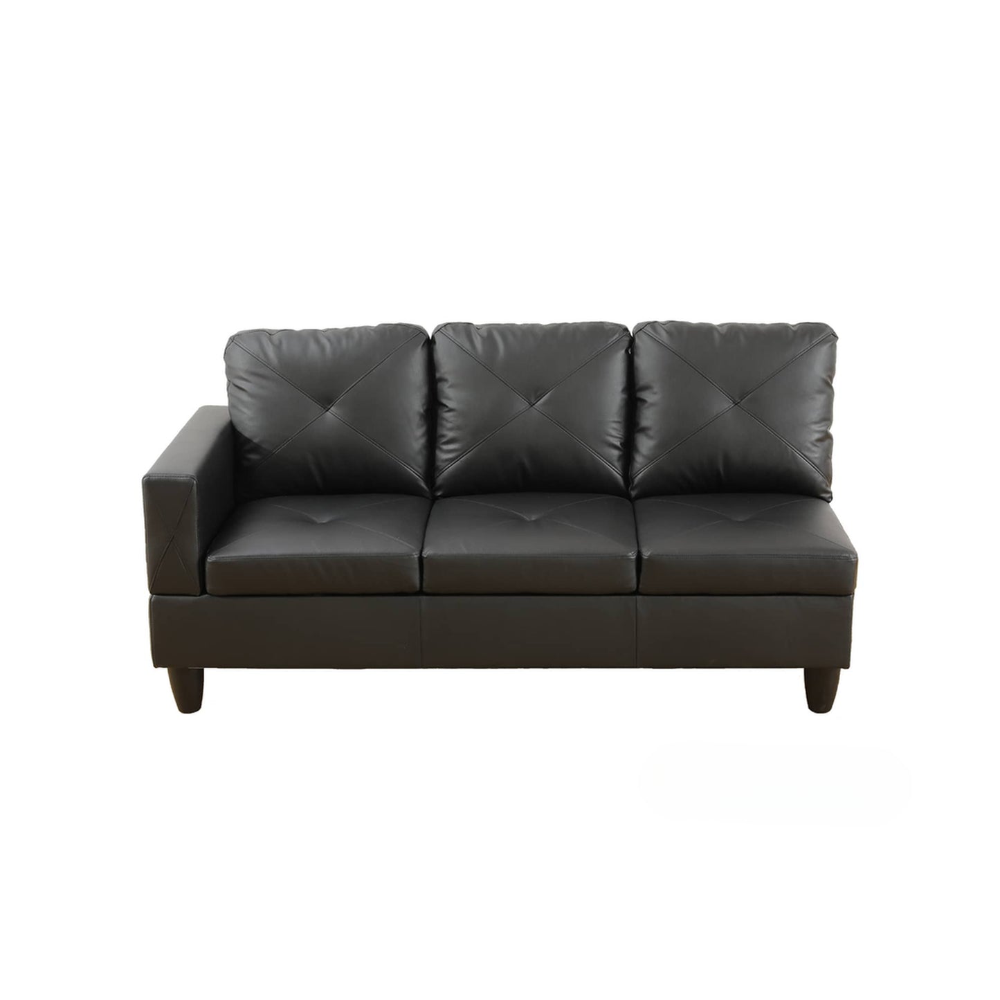 Black faux leather sectional sofa with tufted back cushions and square armrest