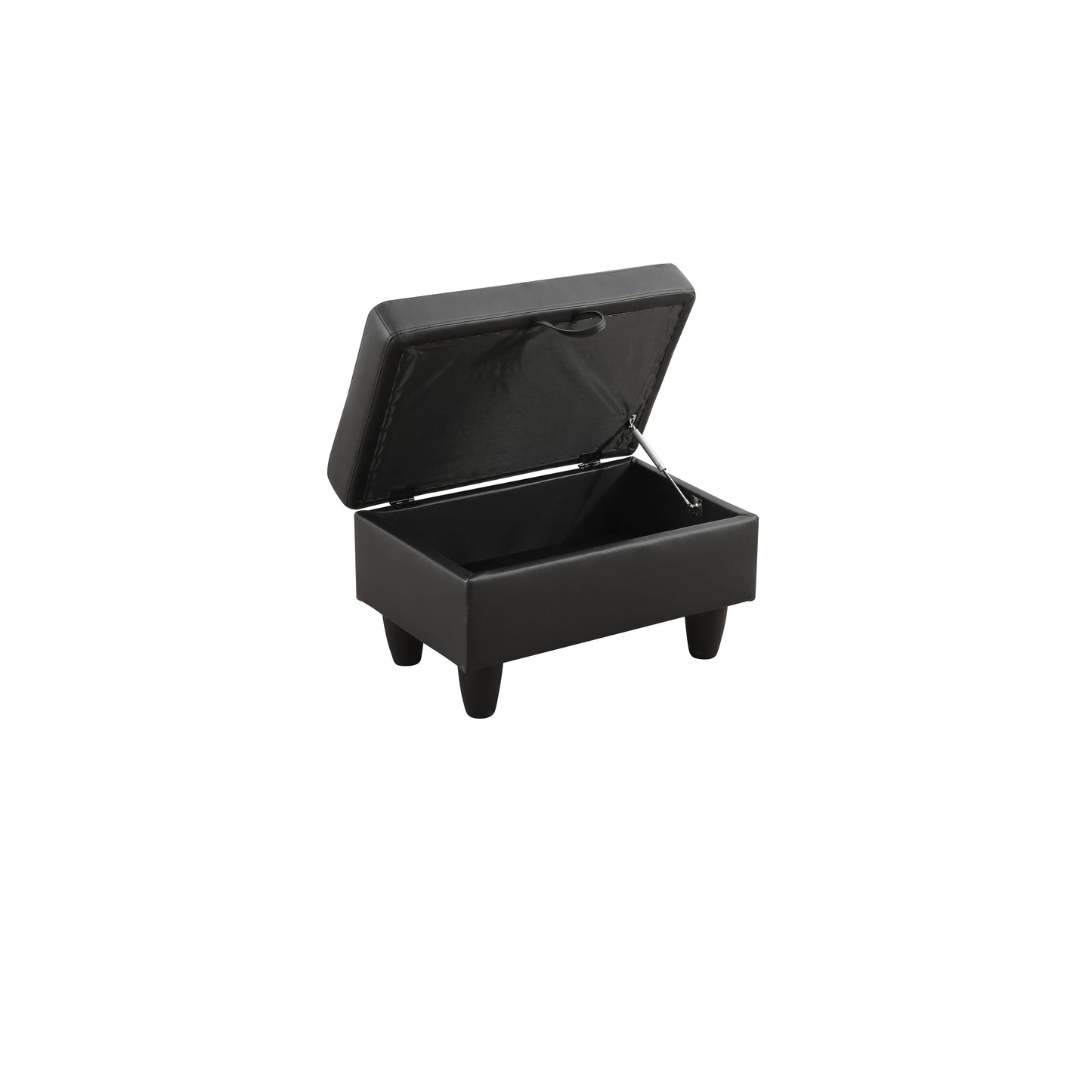 Black faux leather storage ottoman with lid open