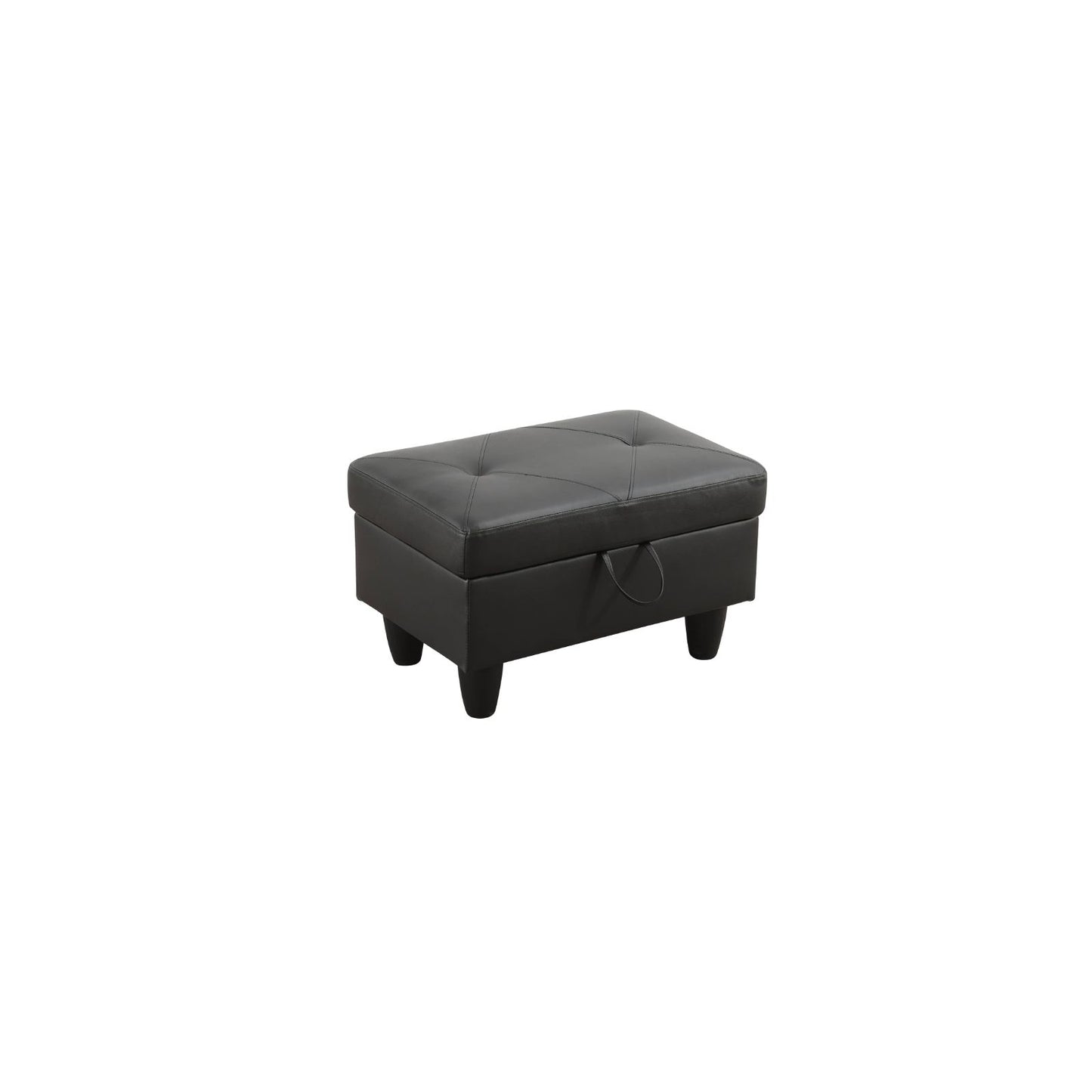 Black faux leather tufted storage ottoman with a pull tab