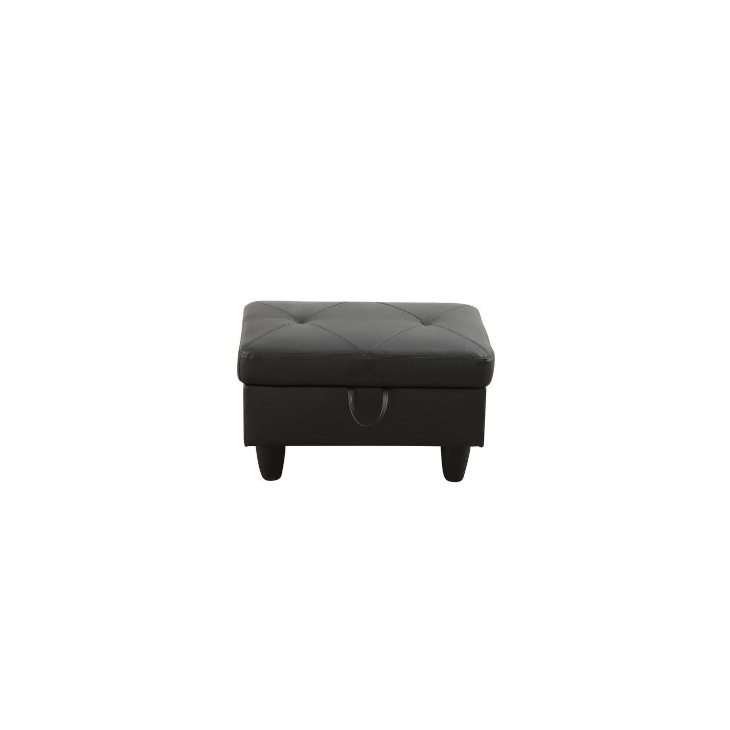 Black tufted storage ottoman with hidden compartment and Ushaped pull tab