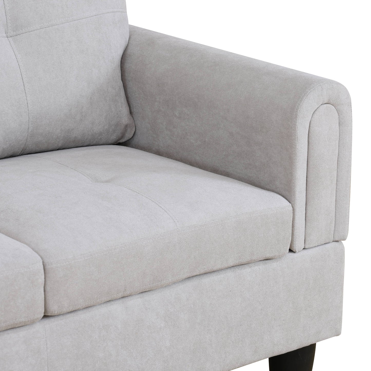 Light grey textured fabric sofa armrest with plush cushioning